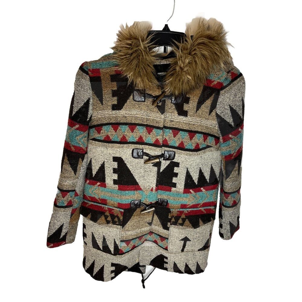 Forever 21 Women's Size S Aztec Print Jacket Toggle Buttons Faux‎ Fur Trim Hood